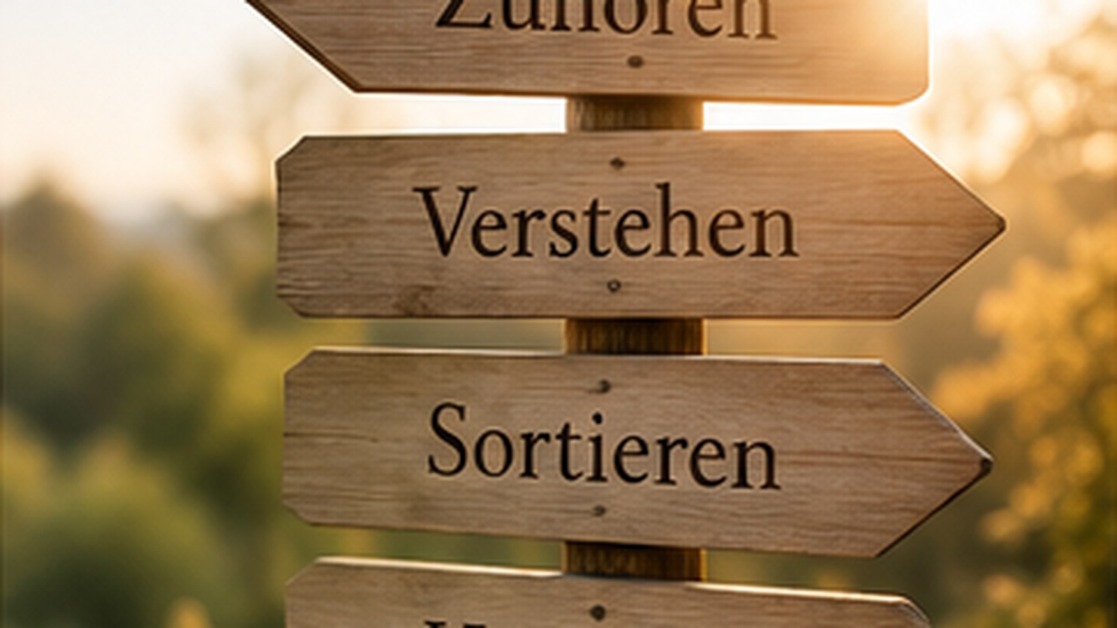 Wegweiser als Symbol für Klarheit und erste Schritte in einer unübersichtlichen Situation.