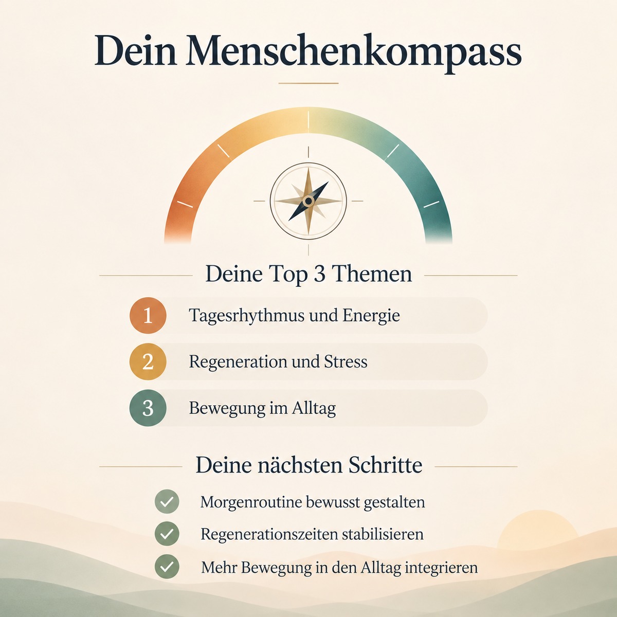 Beispielhafte Ergebnisdarstellung des Menschenkompass mit persönlichen Schwerpunkten und möglichen nächsten Schritten