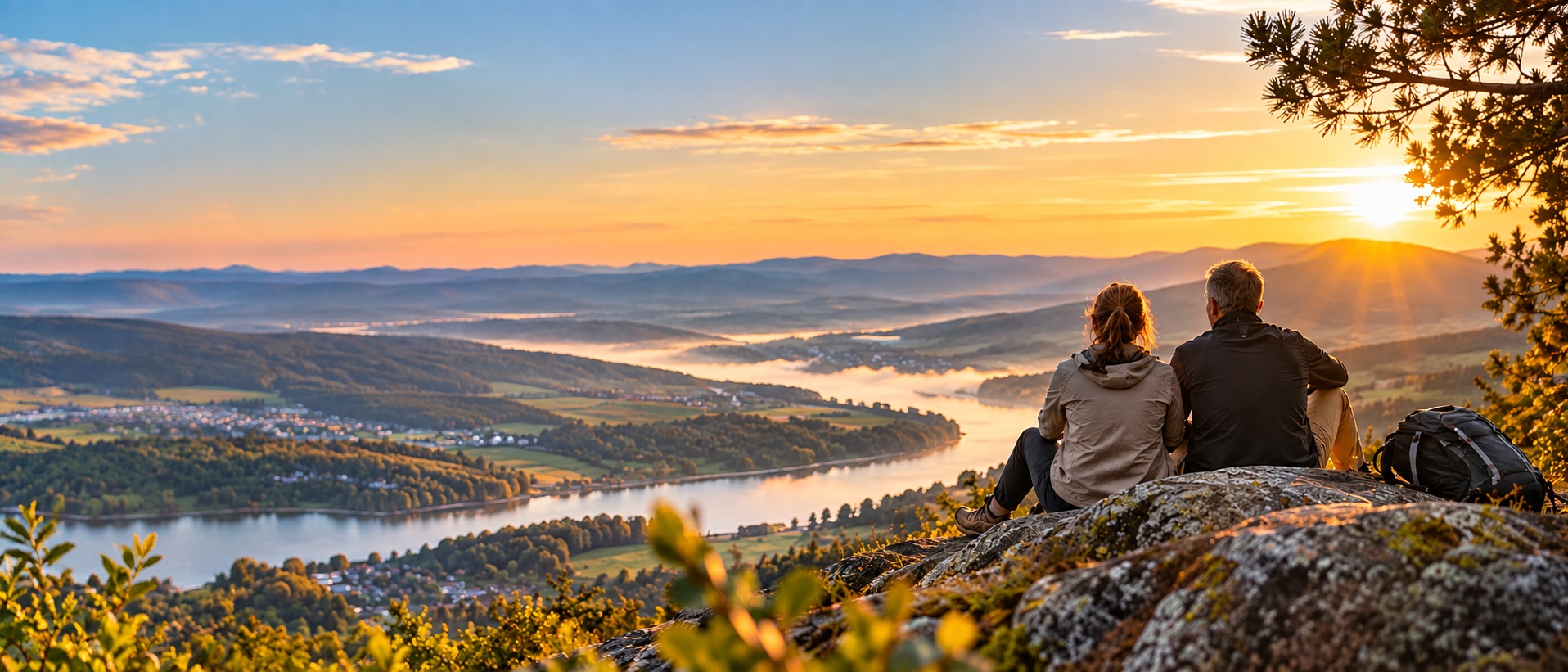 Begleitung und Orientierung: Zwei Menschen blicken gemeinsam über eine weite Landschaft und auf ihren nächsten Weg.