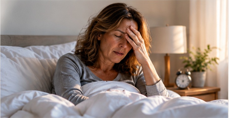 Müde Frau am Morgen als Beispiel für fehlende Erholung und anhaltende Müdigkeit