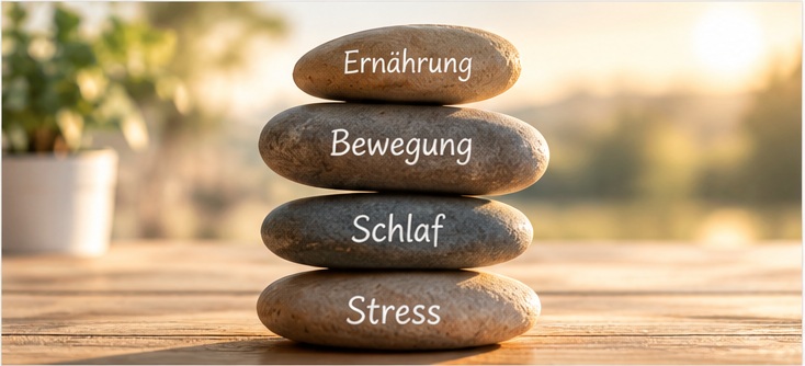 Steine symbolisieren die Zusammenhänge von Ernährung, Bewegung, Schlaf und Stress