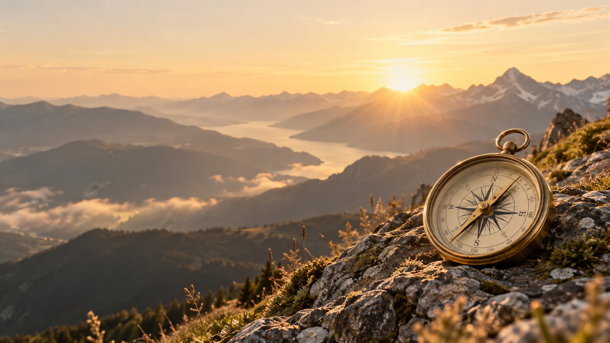 Wissen und Orientierung mit Kompass vor einer Berglandschaft als Symbol für Klarheit, Einordnung und verständliche Informationen.